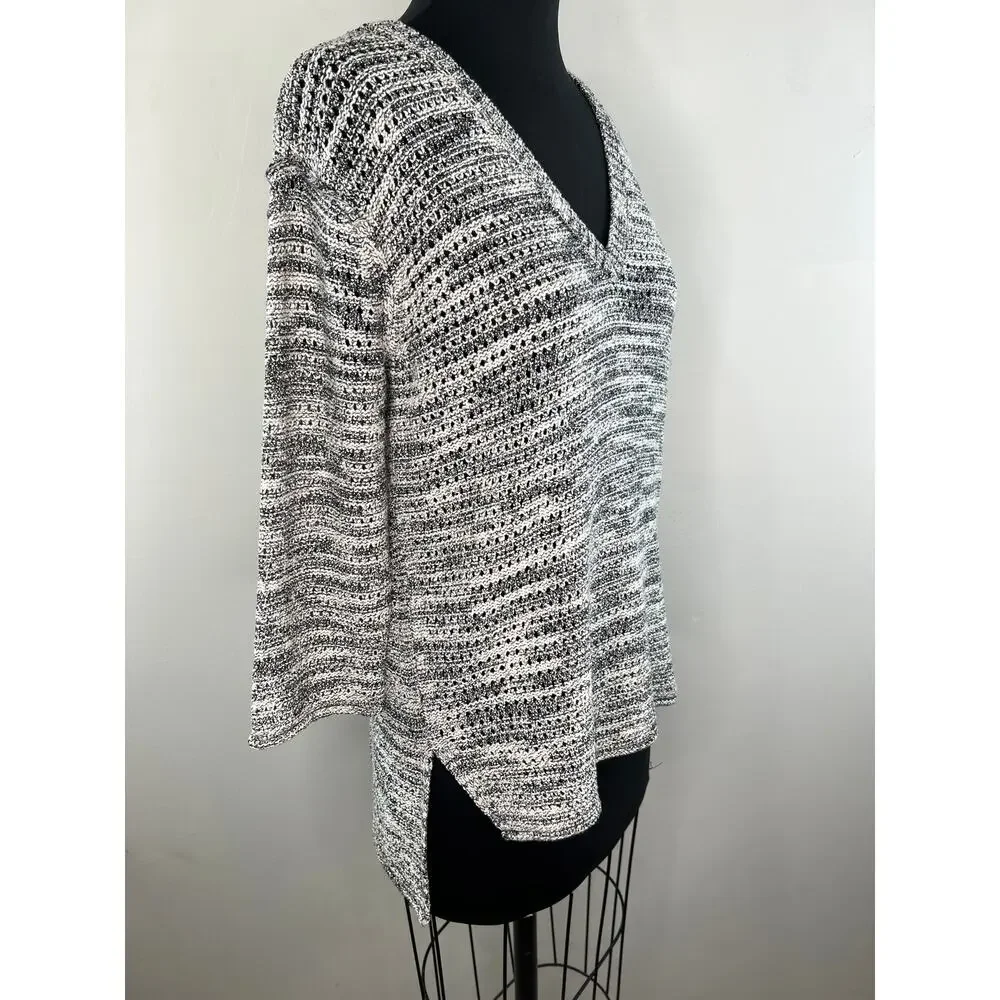 Michael Stars 3/4 Sleeve V-Neck Hi-Low Cotton Knit Sweater Gray White XS S